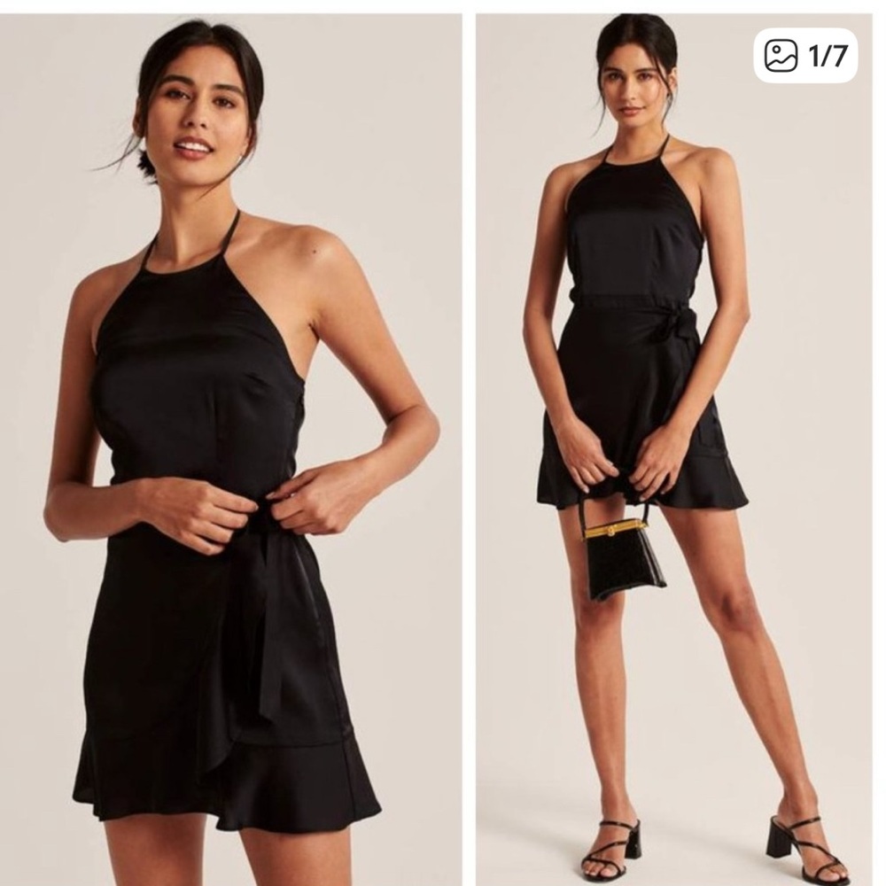 Abercrombie & Fitch Black Satin Halter High Neck Wrap Ruffle Dress